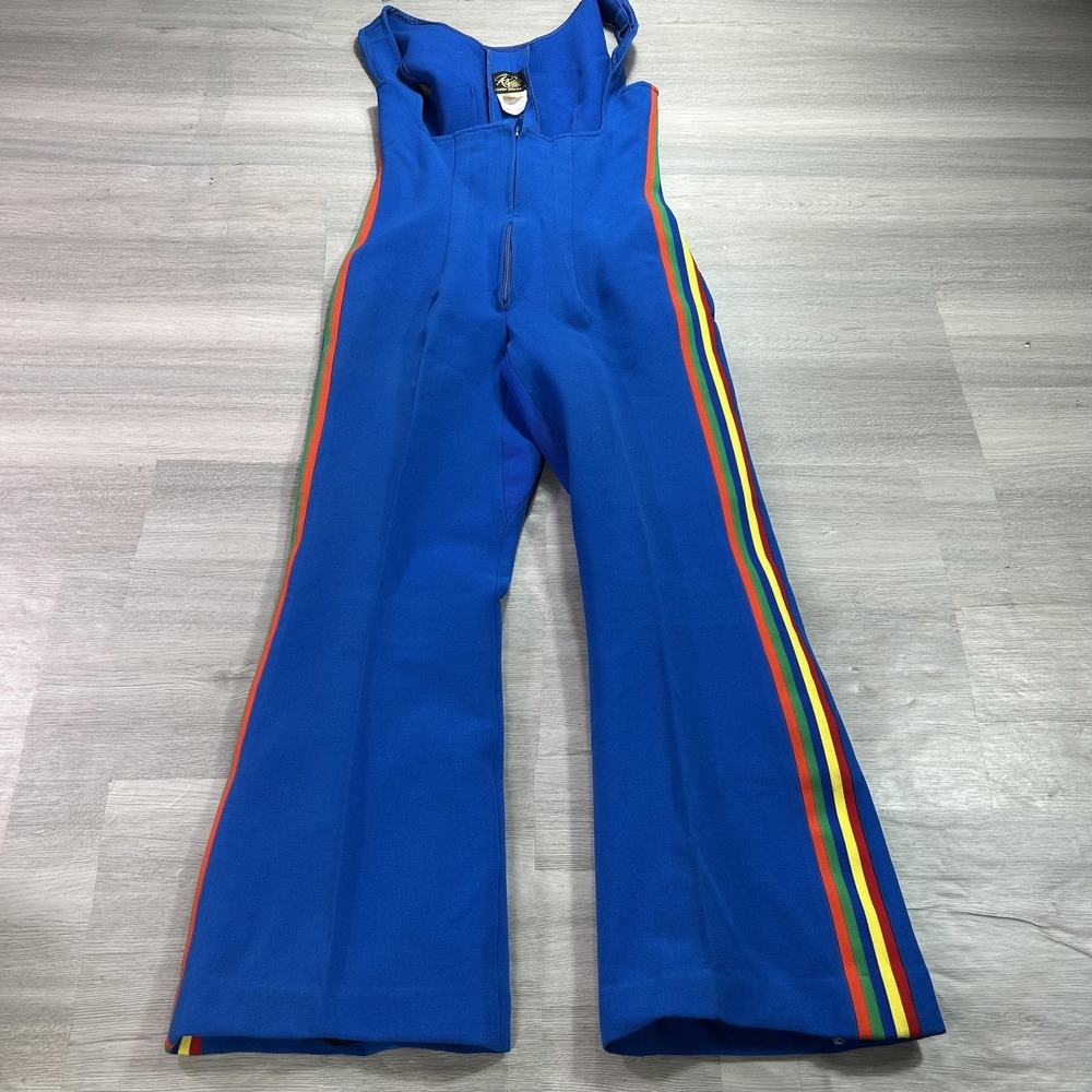 VINTAGE Robbe‎ Ski Overalls Womens 12 Blue Rainbow Stripe Wool Stirrup Bib USA